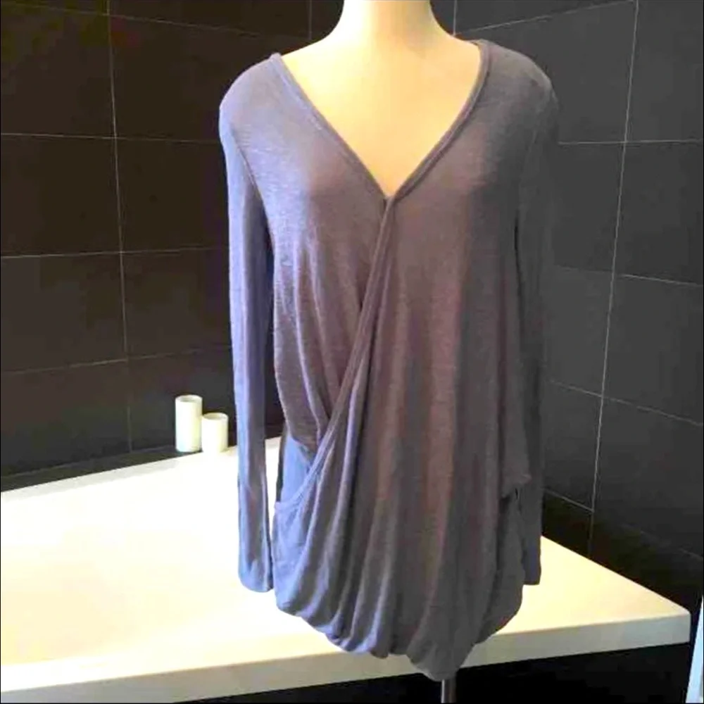 Free People Blue/Grey Sweater V Neck Long Sleeve Crossover Faux Wrap
